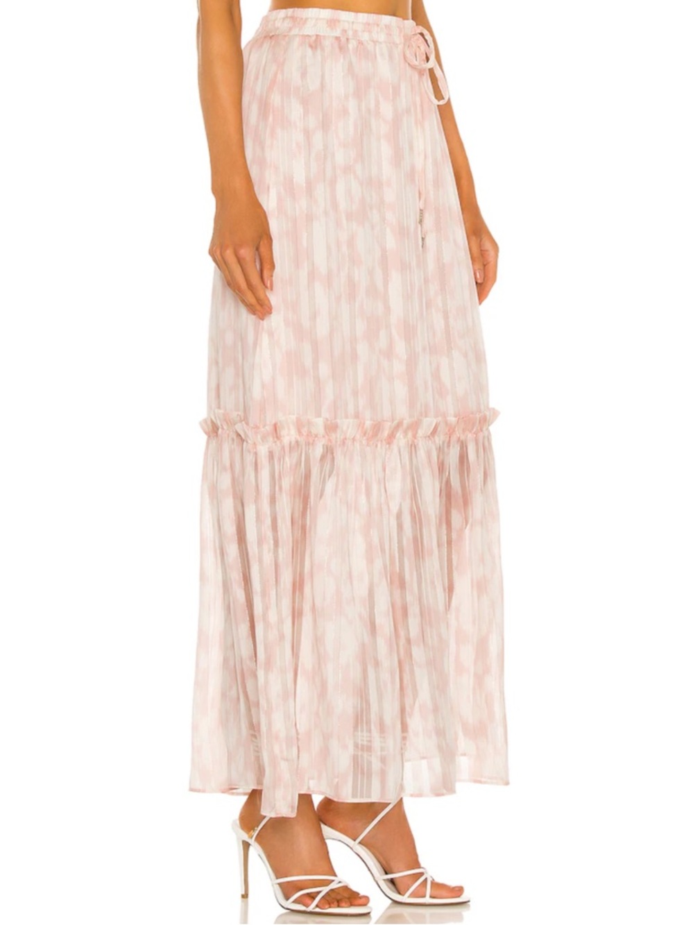 BCBGMAXAZRIA NWT Ruffle Metallic Maxi Skirt in Potpourri Pink/White Size Small - Picture 2 of 10
